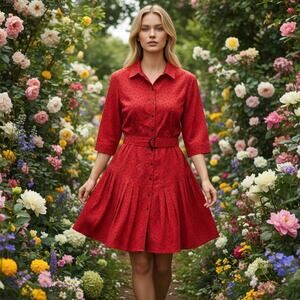 VTG By Choice shirtdress M polka dot drop waist belted pleated swing 90's retro